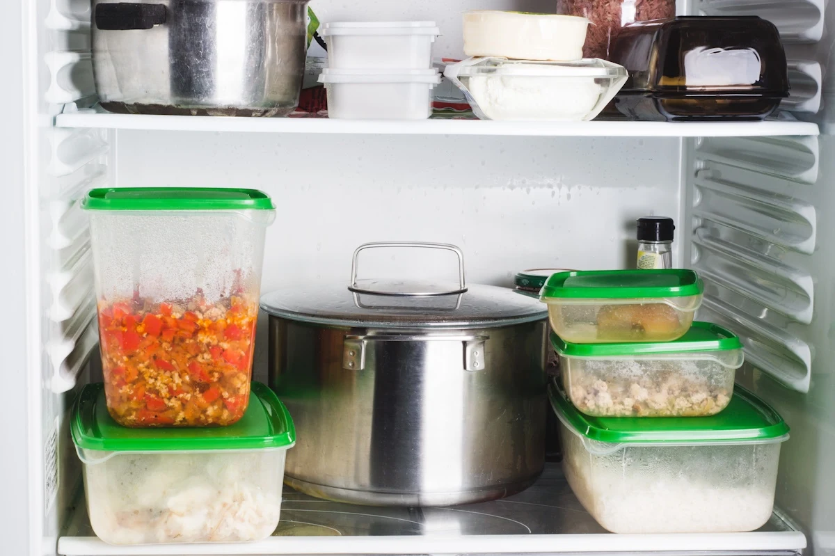 Jedzenie, które planujemy zostawić na balkonie musi być szczelnie zamknięte Plastikowe pojemniki wypełnione jedzeniem oraz garnek z pokrywką w lodówce