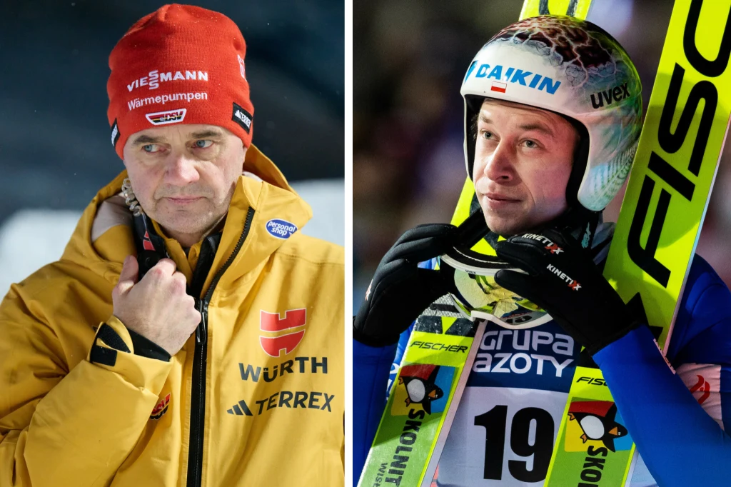 Skoki narciarskie. Trener niemieckich skoczków Stefan Hoerngacher oraz reprezentant Polski - Aleksander Zniszczoł