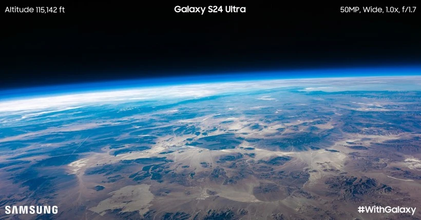 Jedno ze zdjęć Ziemi uchwycone smartfonem Samsung Galaxy S24 Ultra w stratosferze. Jedno ze zdjęć Ziemi uchwycone smartfonem Samsung Galaxy S24 Ultra w stratosferze.