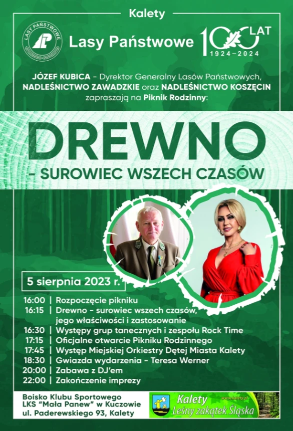 Zaproszenie na piknik rodzinny pn. "Drewno - surowiec wszech czasów". Źródło: gminakalety.pl