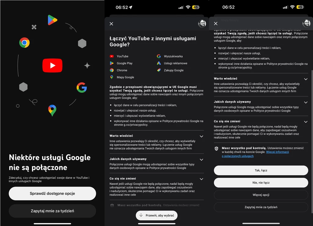 Google pyta o łącznie usług także w aplikacji YouTube.