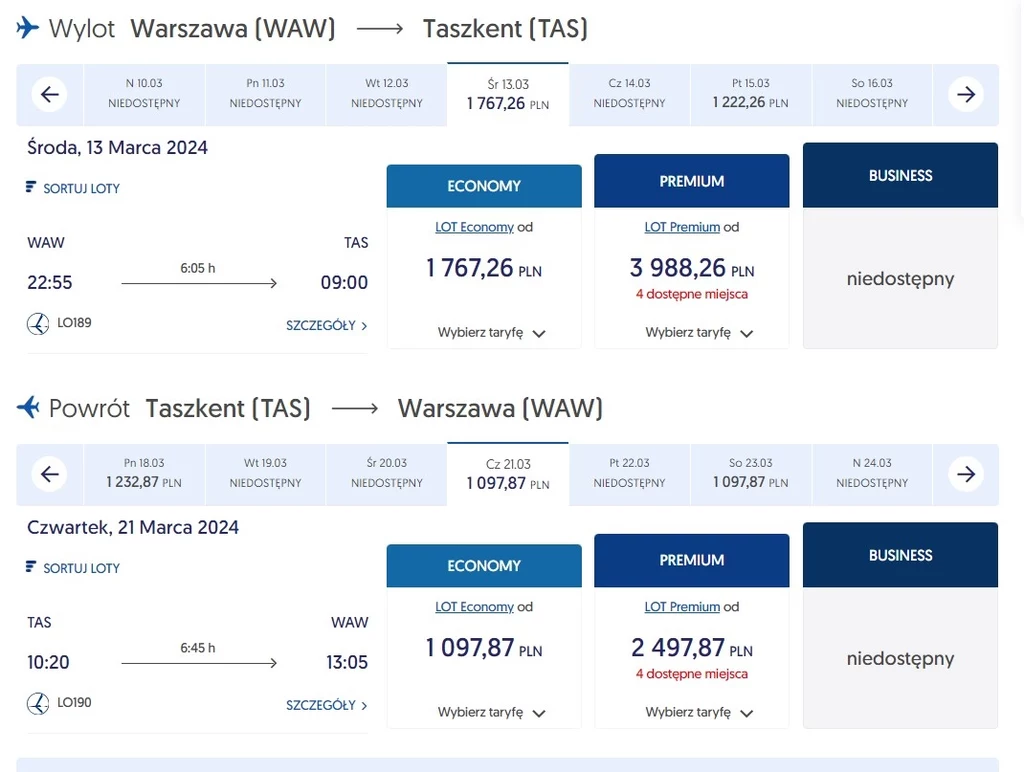 Lot Warszawa-Taszkent-Warszawa.