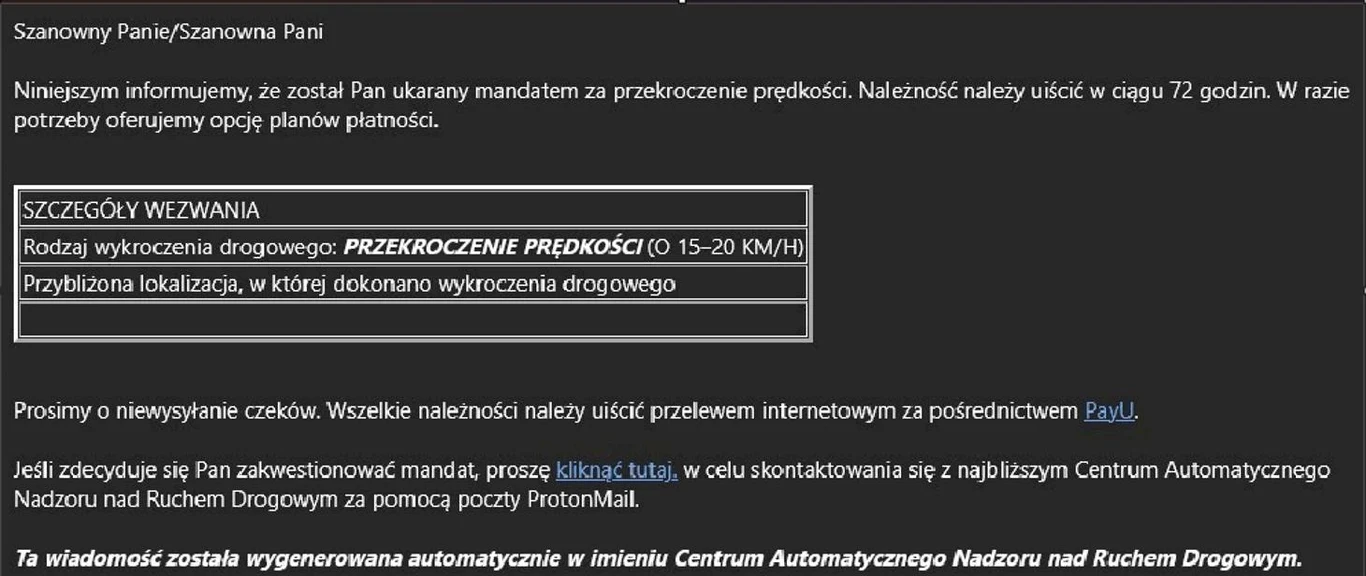 Tak wygląda e-mail będący próbą wyłudzenia metodą "na fotoradar"