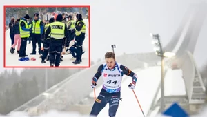 Biathlonista Vetle Sjaastad Christiansen na trasie Holmenkollen - zdj. poglądowe. W prostokącie interwencja policji na tejże trasie (fot. Dagbladet) 