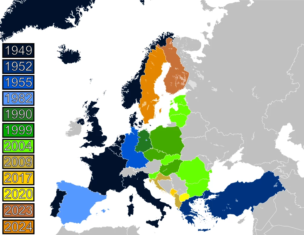 Kraje europejskie w NATO. Do Sojuszu należą też Stany Zjednoczone i Kanada. 