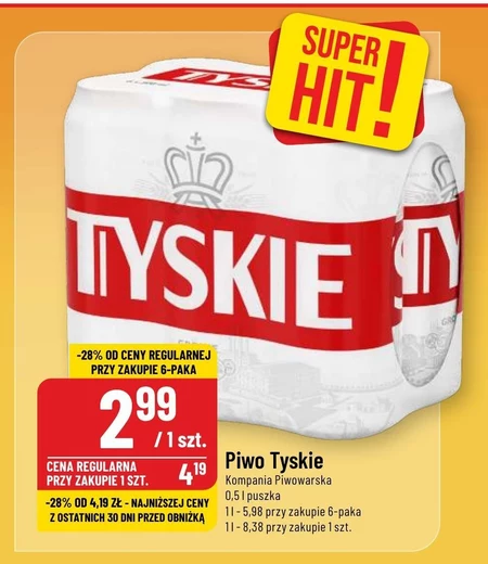 Tyskie Biało-Czerwone Piwo jasne 3 l (6 x 0,5 l)