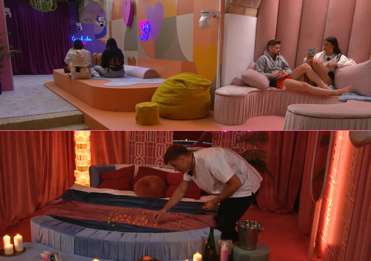 Love Island 9 - na górze po prawej: Daniel, Emi. Na dole Adrian w kryjówce Love Island 9 - na górze po prawej: Daniel, Emi. Na dole Adrian w kryjówce