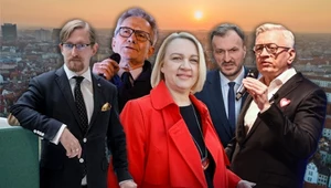 Kandydaci na prezydenta Poznania. Od lewej: Łukasz Garczewski, Zbigniew Czerwiński, Beata Urabńska, Przemysław Plewiński i Jacek Jaśkowiak