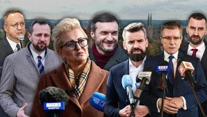 Kandydaci na prezydenta Olsztyna. Od lewej: Grzegorz Smoliński, Robert Szewczyk, Monika Rogińska-Stanulewicz, Mirosław Arczak, Bartosz Grucela, Czesław Małkowski i Marcin Możdżonek