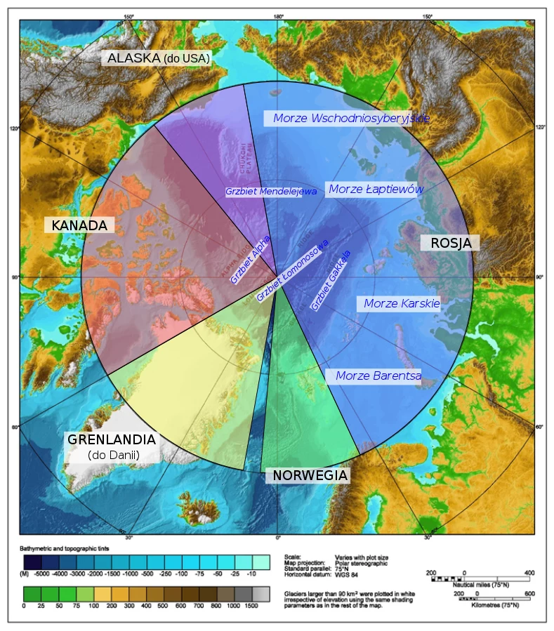 Podział Arktyki zgodnie z teorią sektorów (podział między państwa, do których ten obszar przylega).
