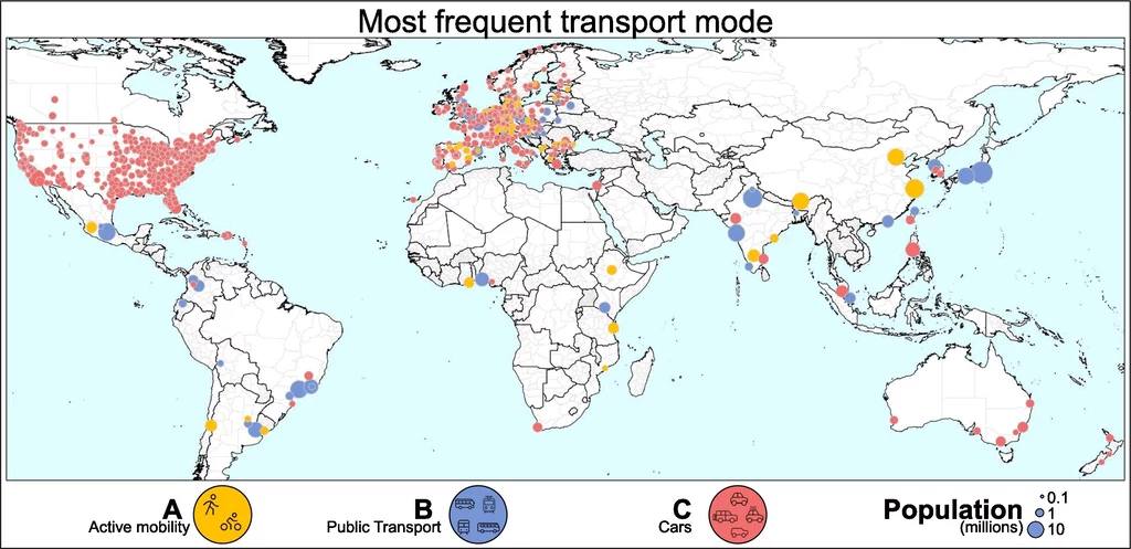 Najczęstszy środek transportu w poszczególnych miastach. Rozmiar każdej kropki jest proporcjonalny do liczby mieszkańców miasta