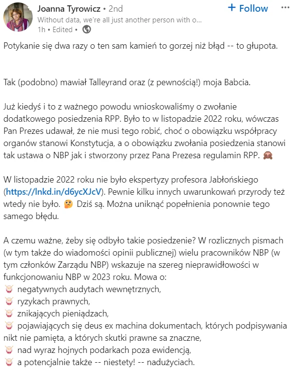 Wpis członkini RPP Joanny Tyrowicz w serwisie LinkedIn na temat potrzeby zwołania dodatkowego posiedzenia RPP