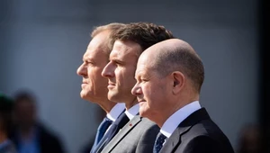 Od lewej: premier Polski Donald Tusk, prezydent Francji Emmanuel Macron, kanclerz Niemiec Olaf Scholz