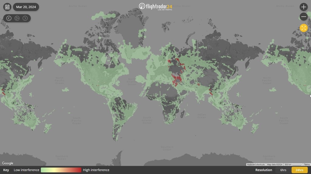 Mapa zakłóceń sygnału GPS.