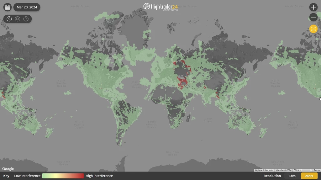 Mapa zakłóceń sygnału GPS.