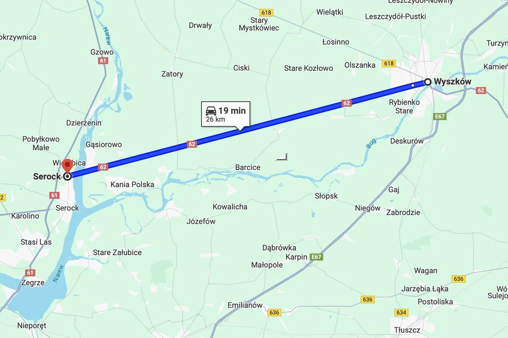 Droga z Serocka do Wyszkowa to 26 km asfaltu bez zakrętów /fot. Mapy Google