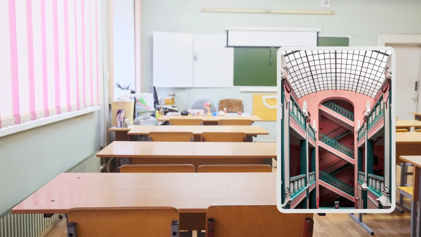 Najładniejsza szkoła w Polsce. W środku wygląda jak plan filmu Wesa Andersona lub Squid Game Najładniejsza szkoła w Polsce. W środku wygląda jak plan filmu Wesa Andersona lub Squid Game