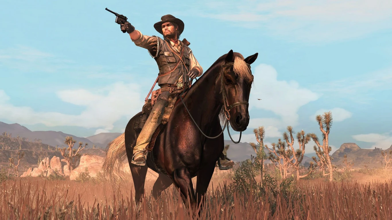 Red Dead Reemption Kowboj na koniu z rewolwerem na tle pustynnego krajobrazu z górami, motyw z Red Dead Redemption.