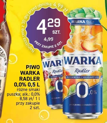 Warka Radler Piwo bezalkoholowe brzoskwinia z mandarynką 500 ml
