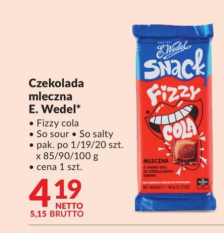 E. Wedel Snack Czekolada mleczna o smaku coli ze strzelającym cukrem 90 g