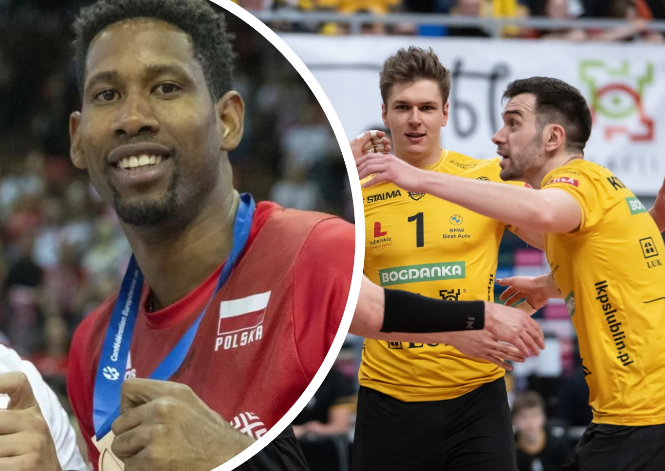Z lewej Wilfredo Leon, z prawej siatkarze Bogdanki LUK Lublin - Jan Nowakowski i Marcin Komenda Z lewej Wilfredo Leon, z prawej siatkarze Bogdanki LUK Lublin - Jan Nowakowski i Marcin Komenda