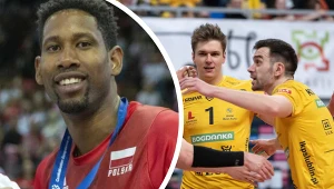 Z lewej Wilfredo Leon, z prawej siatkarze Bogdanki LUK Lublin - Jan Nowakowski i Marcin Komenda