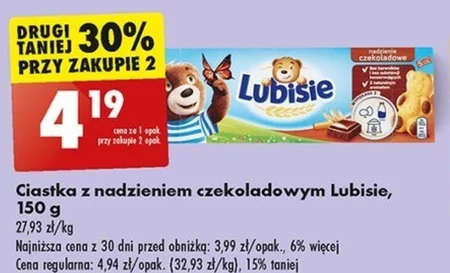 Lubisie Ciastko biszkoptowe z nadzieniem czekoladowym 150 g (5 x 30 g)