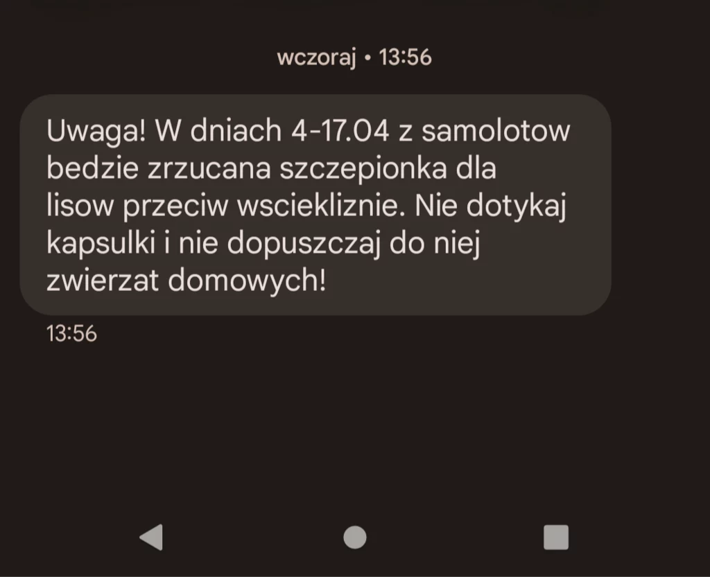 Alert RCB z informacją o szczepionkach z samolotów.