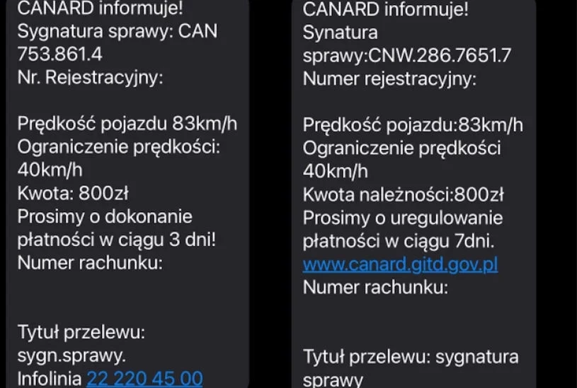 Przykładowe SMS-y o mandatach, które rozsyłają oszuści.