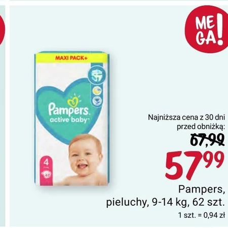 Pampers Active Baby, rozmiar 4, 62 pieluszek, 9kg-14kg