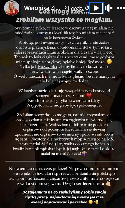 Wpis Weroniki Zielińskiej-Stubińskiej w mediach społecznościowych Wpis Weroniki Zielińskiej-Stubińskiej w mediach społecznościowych