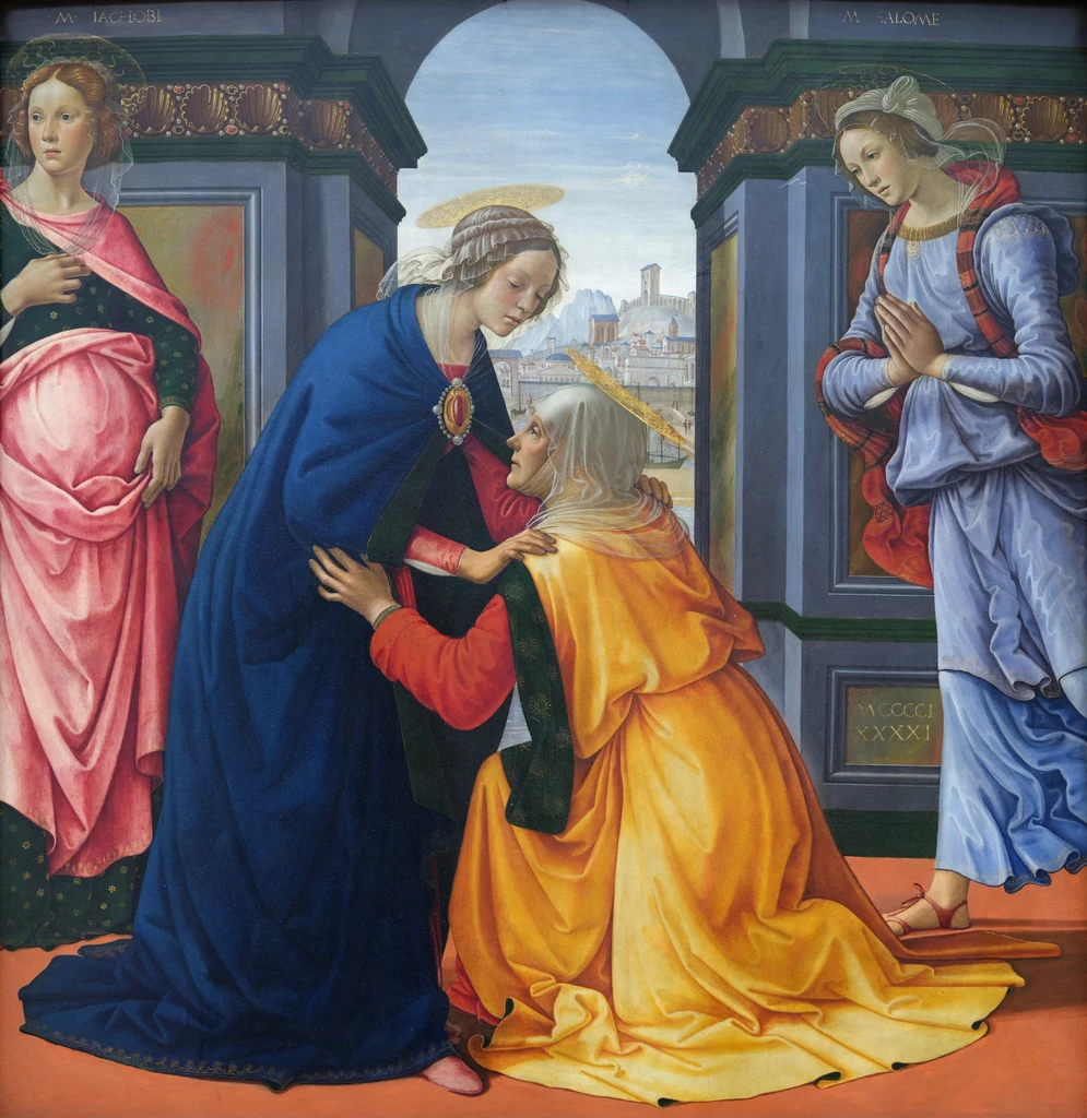 "Wizyta" Domenico Ghirlandaio przedstawiająca nawiedzenie świętej Elżbiety, malarz umieścił tu także Salome (w niebieskiej szacie)