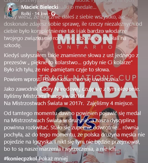 Wpis Macieja Bieleckiego w relacji na Facebooku Wpis Macieja Bieleckiego w relacji na Facebooku