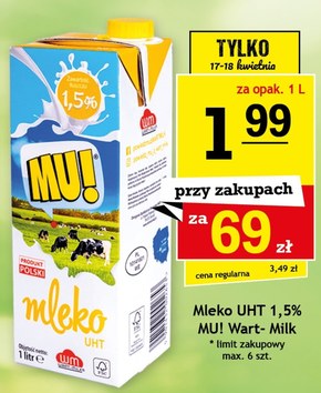 Mu! Mleko UHT 1,5% 1 l niska cena