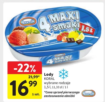 Koral 4 Maxi smaki Lody śmietankowo-cytrynowo-truskawkowo-czekoladowe 1,5 l