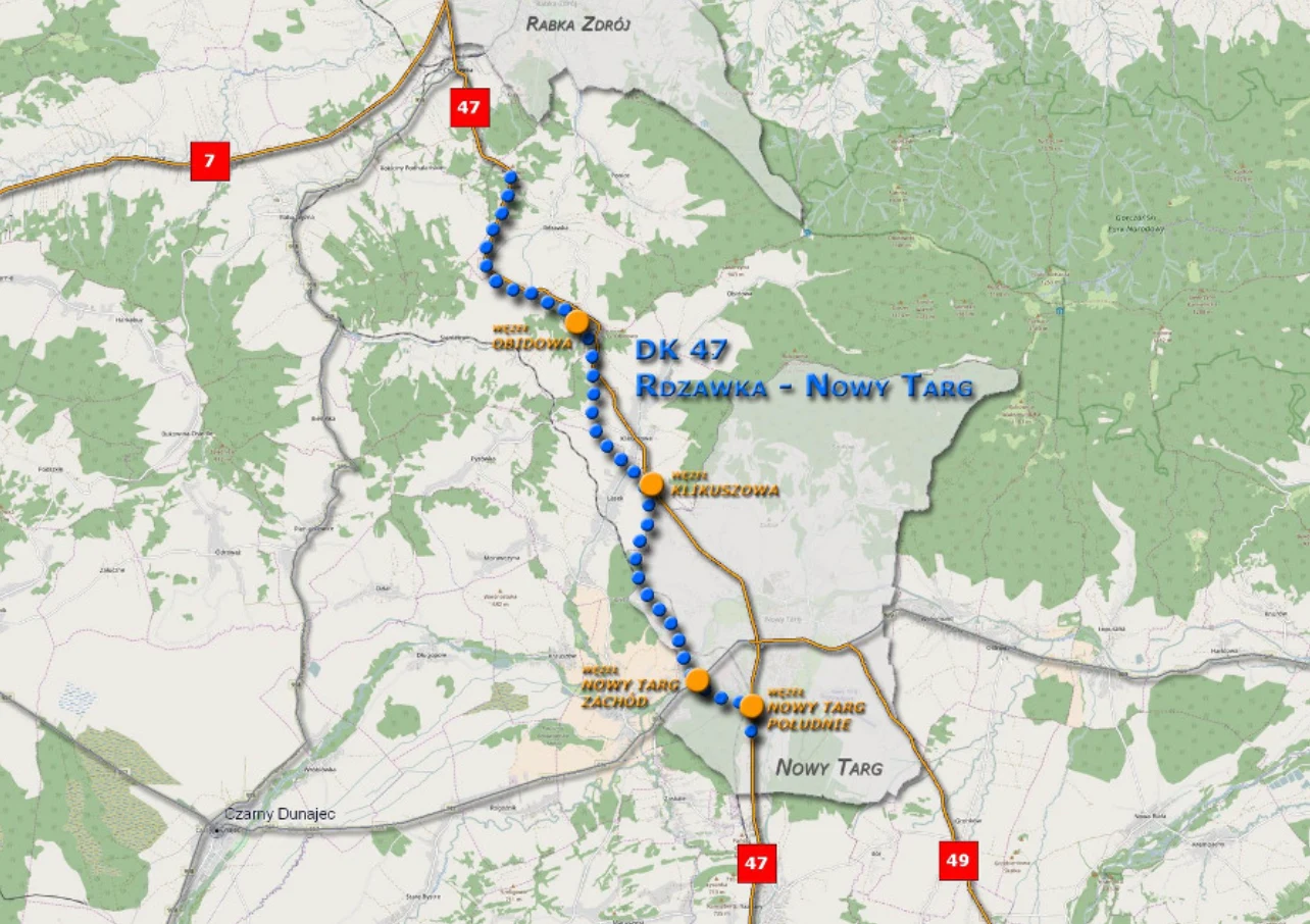 Lokalizacja budowy DK 47 Rabka Zdrój - Zakopane na odcinku Rdzawka - Nowy Targ
