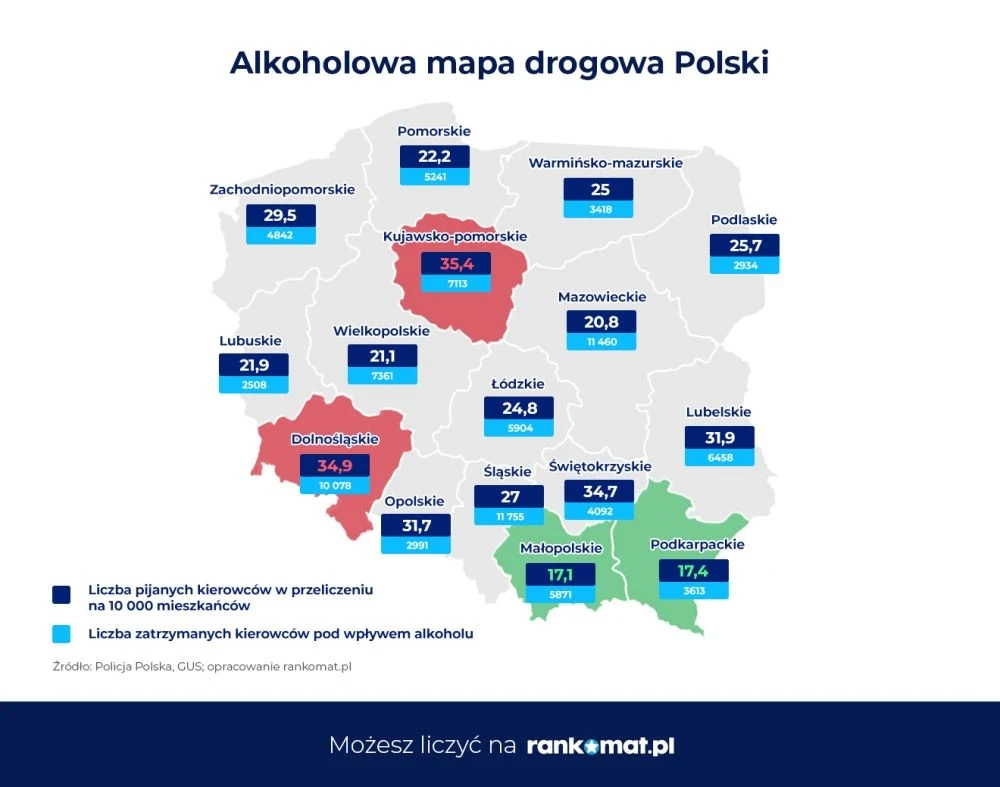 Alkoholowa mapa Polski. Oto, gdzie jeździ najwięcej pijanych kierowców. / Fot. rankomat.pl 