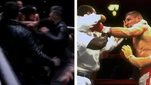 Z lewej kadr z jatki w Wiedniu, z prawej Andrzej Gołota napadnięty przez ludzi z otoczenia Riddicka Bowe'a w 1996 roku