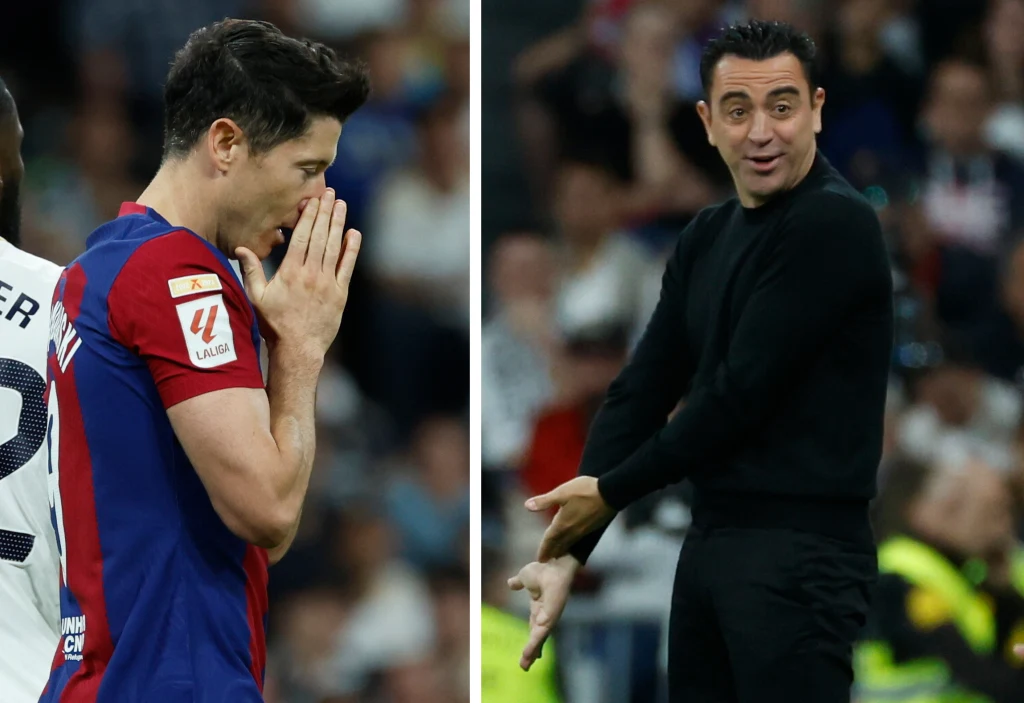 La Liga: Real Madryt - FC Barcelona. Na zdjęciu Robert Lewandowski i Xavi Hernandez