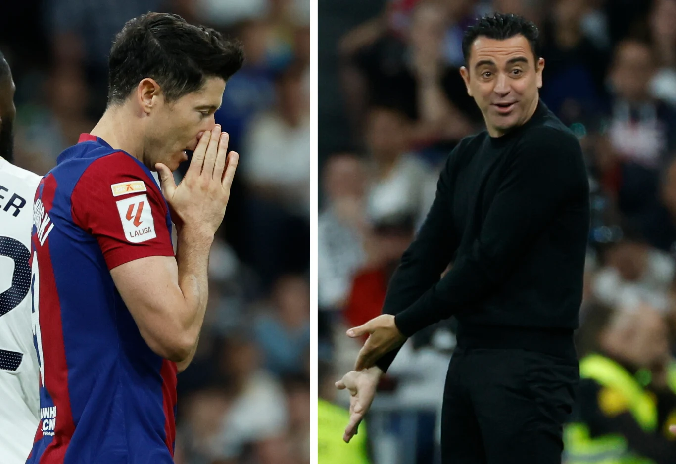 La Liga: Real Madryt - FC Barcelona. Na zdjęciu Robert Lewandowski i Xavi Hernandez La Liga: Real Madryt - FC Barcelona. Na zdjęciu Robert Lewandowski i Xavi Hernandez