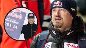 Adam Małysz i Ryoyu Kobayashi po rekordowym skoku (w ramce)