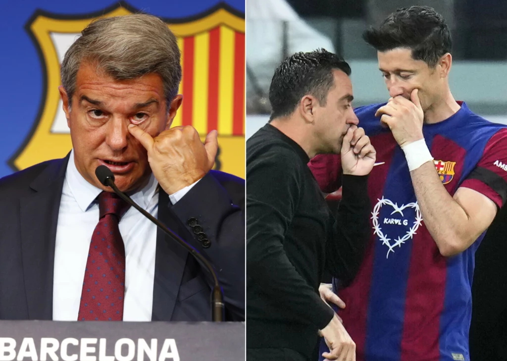 FC Barcelona: prezes Joan Laporta, trener Xavi Hernandez oraz napastnik Robert Lewandowski FC Barcelona: prezes Joan Laporta, trener Xavi Hernandez oraz napastnik Robert Lewandowski