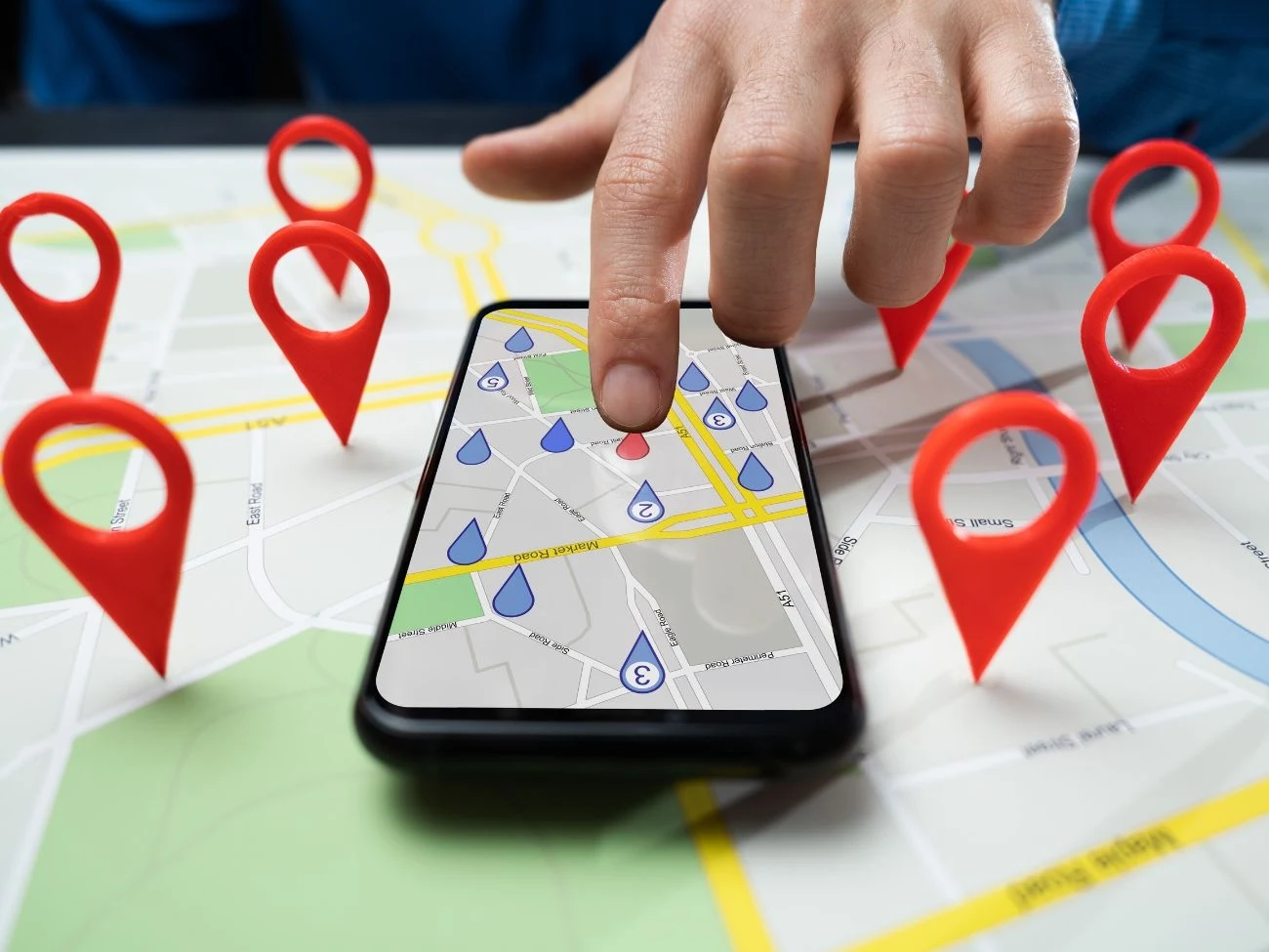 Dlaczego Google Maps kieruje na dłuższą trasę? Twórcy aplikacji pokazali wyniki badań. Smartfon z otwartą aplikacją do nawigacji, na ekranie widoczna mapa i czerwone znaczniki lokalizacji