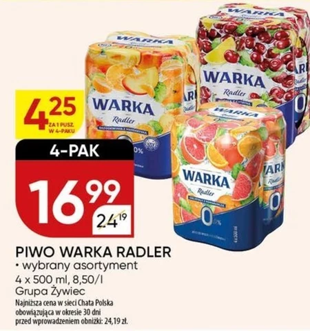Warka Radler Mix piwa 0 % i lemoniady grejpfrut z pomarańczą 4 x 500 ml
