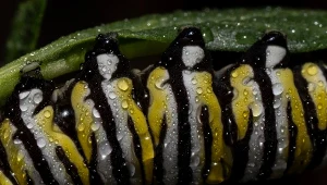 Zbliżenie na gąsienicę motyla monarchy (Danaus plexippus) 