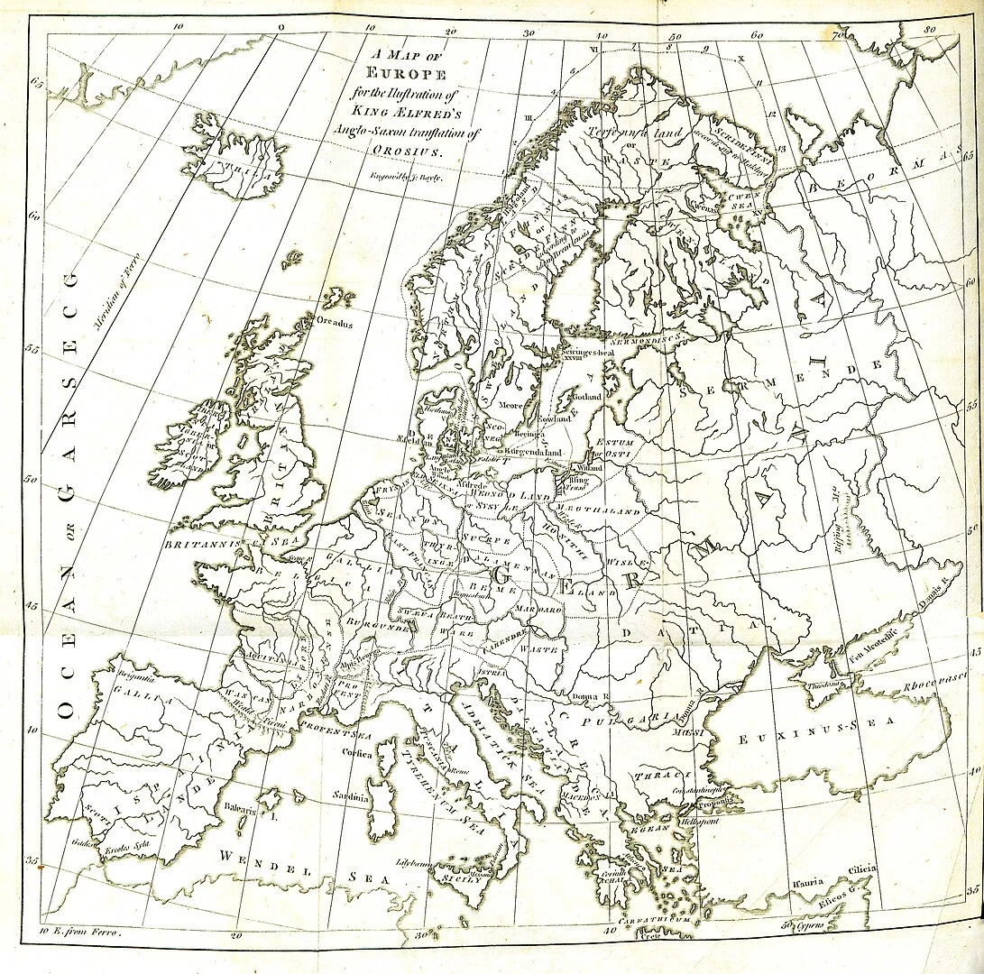 Europa według anglosaskiego opisu świata Alfreda Wielkiego. Widoczne Estum, czyli Osti, Witland, Estmere i Truso