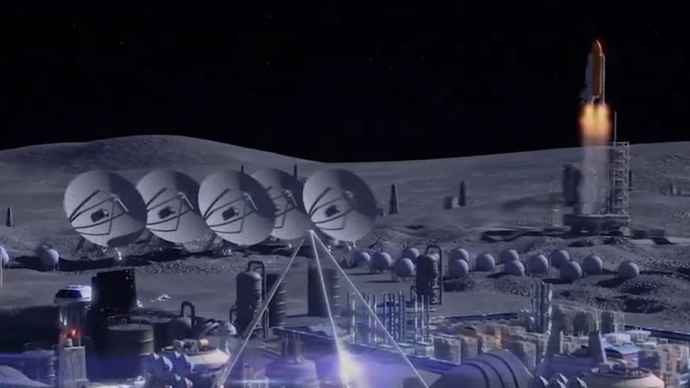 Chiński koncept bazy na Księżycu. W tle wahadłowiec NASA. Chiński koncept bazy na Księżycu. W tle wahadłowiec NASA.