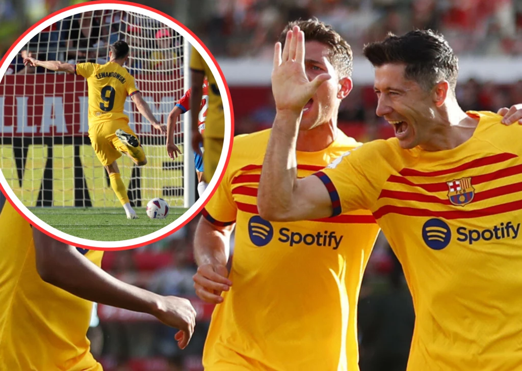 Robert Lewandowski strzelający gola w meczu Girona - FC Barcelona Robert Lewandowski strzelający gola w meczu Girona - FC Barcelona