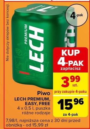 Lech Premium Piwo jasne 2 l (4 x 0,5 l) niska cena