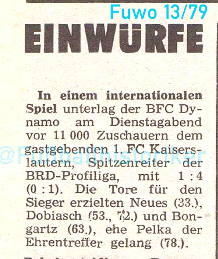 Relacja z meczu Kaiserslautern - Dynamo Berlin w NRD-owskim magazynie "Fuwo". Po tym meczu, Lutz Eigendorf uciekł do RFN 
